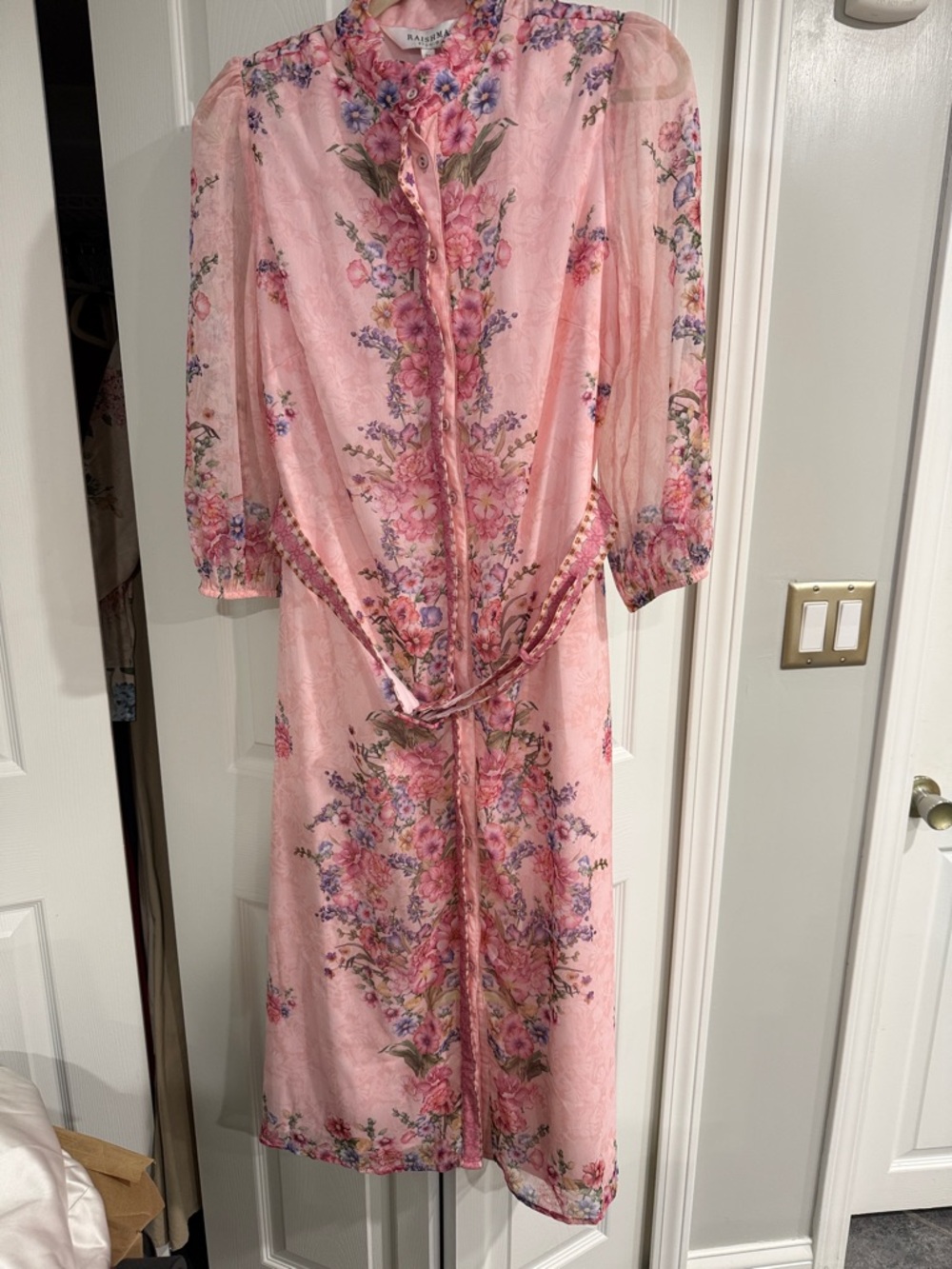 Romantic Pink Floral Midi Dress with Tie Waist